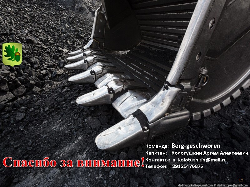 12 Спасибо за внимание! Команда:  Berg-geschworen Капитан:    Колотушкин Артем Алексеевич